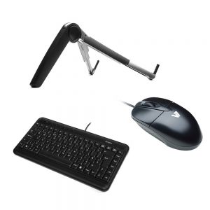 Cricket Laptop/Tablet Stand, V7 Wired Mouse, Compact Keyboard