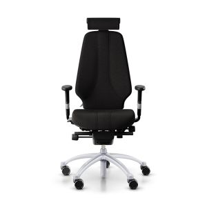 RH Logic 400 High Back Ergonomic Office Chair - black, front view, with armrests & neckrest, and silver aluminium base