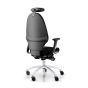 RH Extend 220 Ergonomic Office Chair - black, back angle view, with armrests & neckrest, and grey lacquered aluminium base