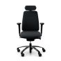 RH Logic 200 Medium Back Ergonomic Office Chair - black, front view, with armrests & neckrest, and black aluminium base