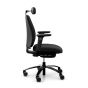 RH Logic 200 Medium Back Ergonomic Office Chair - black, side view, with armrests & neckrest, and black aluminium base