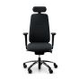 RH New Logic 220 High Back Ergonomic Office Chair - black, front view, with armrests & neckrest, and black aluminium base