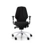 RH Logic 300 Medium Back Ergonomic Office Chair - black, front view, with armrests and silver aluminium base