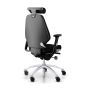 RH Logic 300 Medium Back Ergonomic Office Chair - black, back angle view, with armrests & neckrest, and silver aluminium base